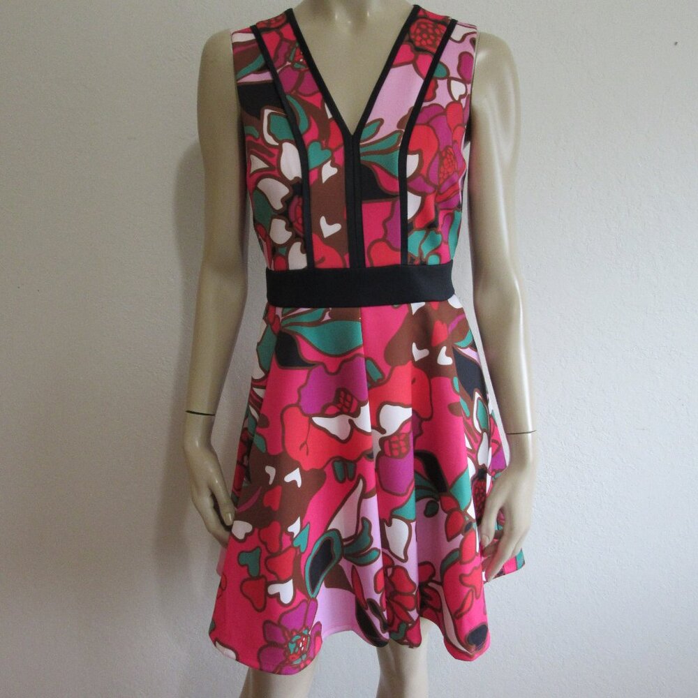 TED BAKER Multicolor Bold Floral Pattern 2 V-Neck Fit & Flare Sleeveless Dress